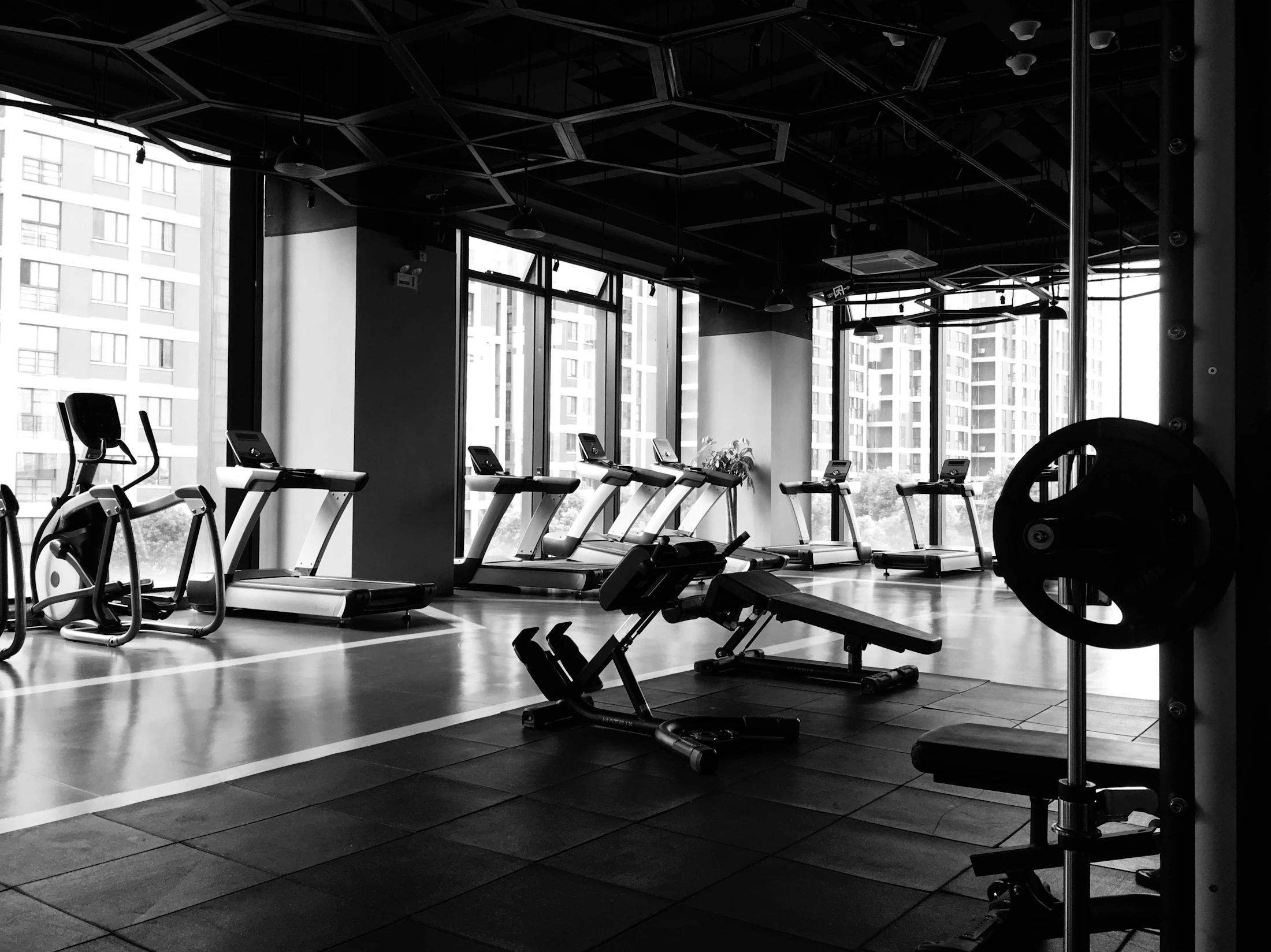 Quiet private training floor with architectural light, premium equipment and open space