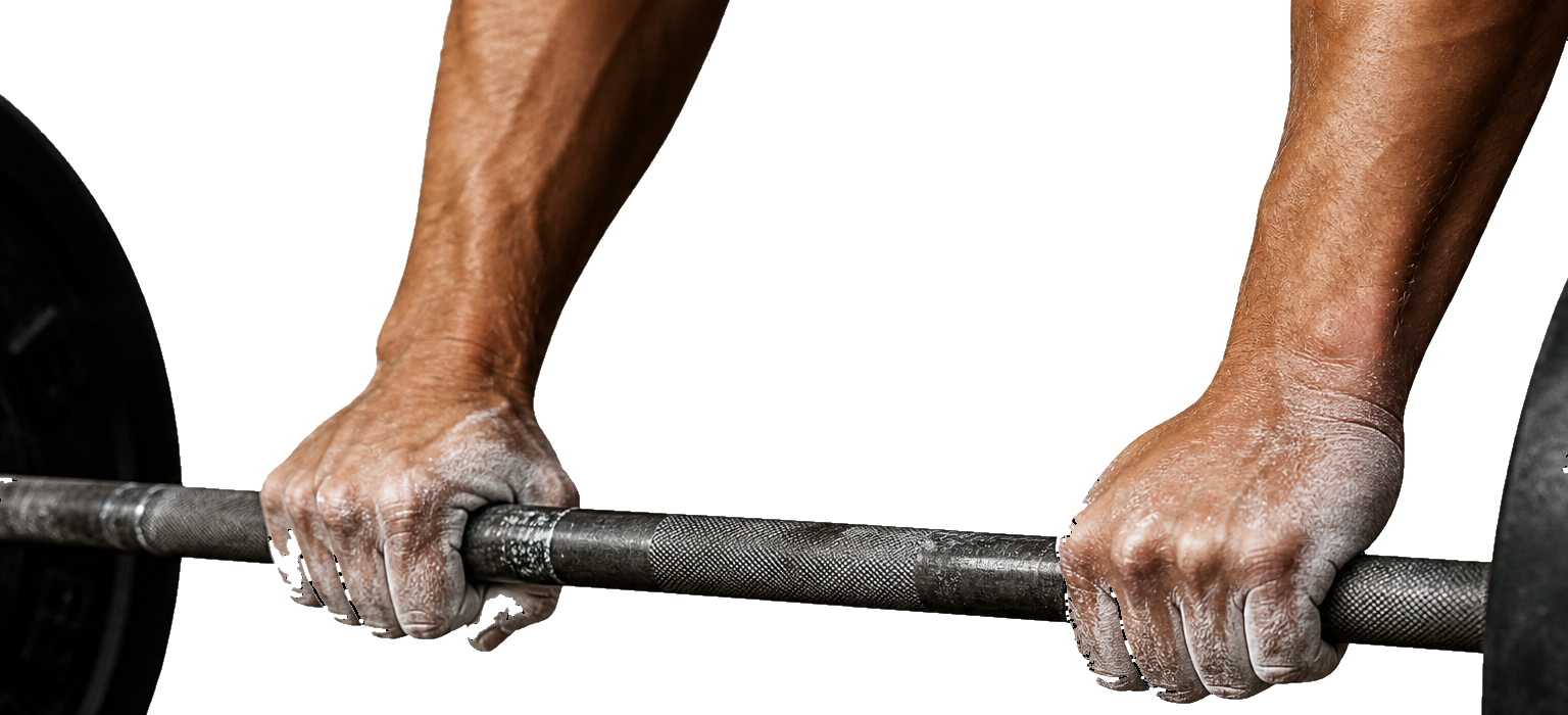 Hands gripping a chalked barbell